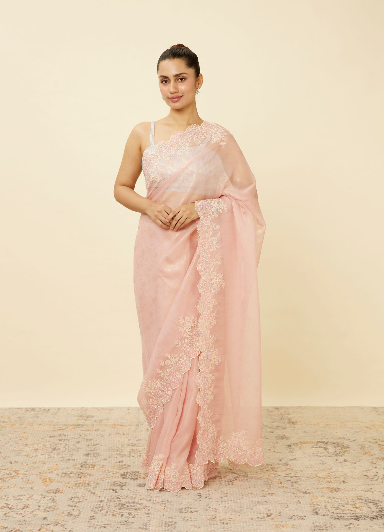 Mohey Women Veiled Rose Pink Saree with Floral Patterns