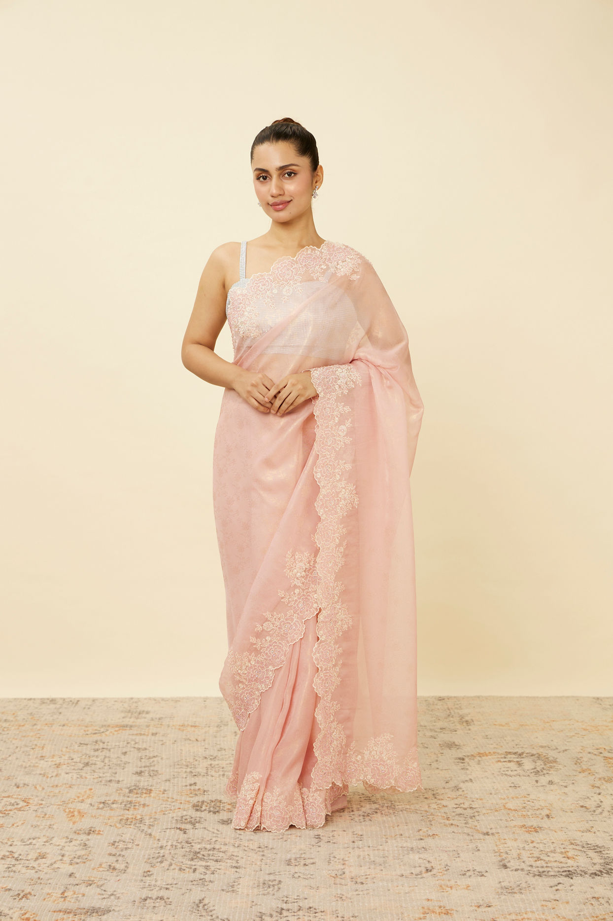 Veiled Rose Pink Saree with Floral Patterns image number 0
