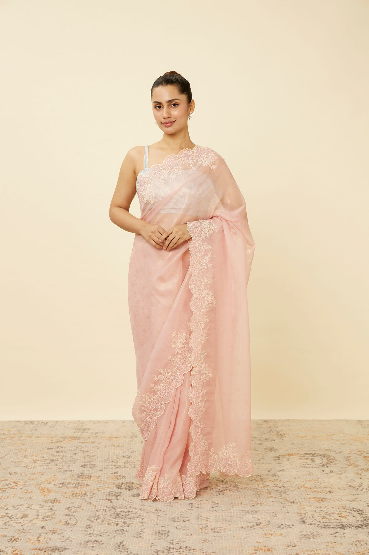 Mohey Women Veiled Rose Pink Saree with Floral Patterns
