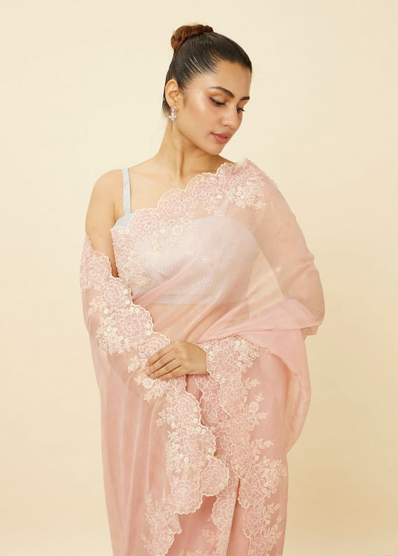 Mohey Women Veiled Rose Pink Saree with Floral Patterns