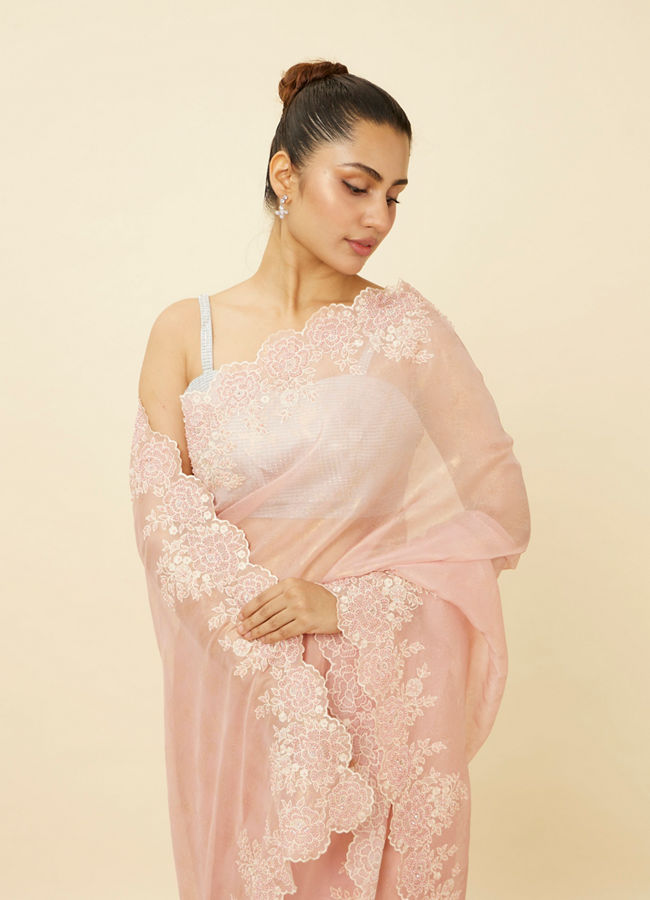 Veiled Rose Pink Saree with Floral Patterns image number 1