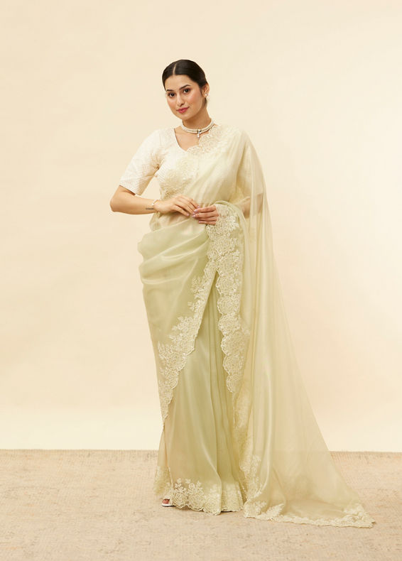 Mohey Women Pista Green Floral Moti Work Saree