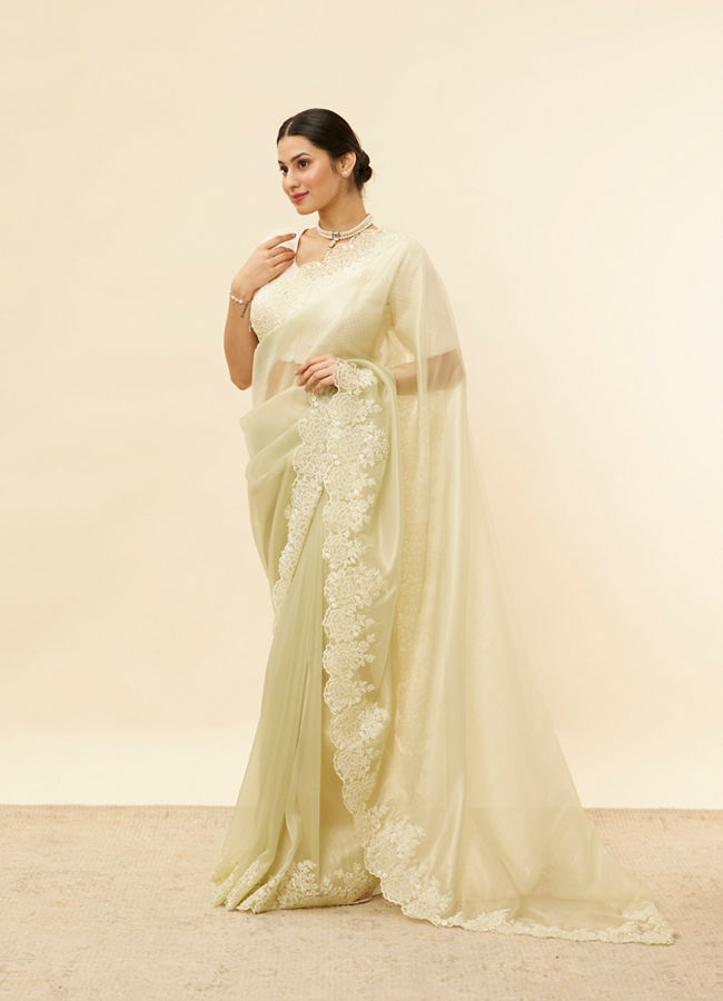 Mohey Women Pista Green Floral Moti Work Saree