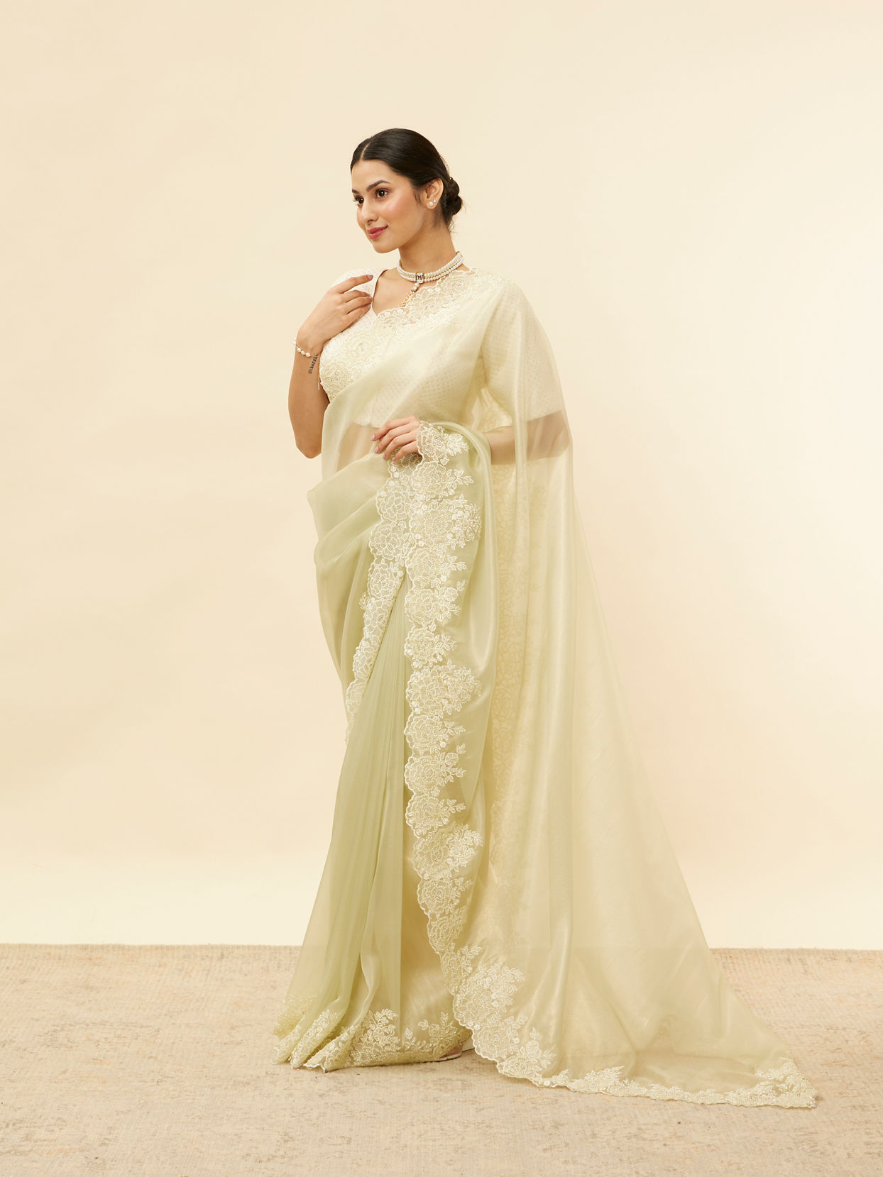 Mohey Women Pista Green Floral Moti Work Saree
