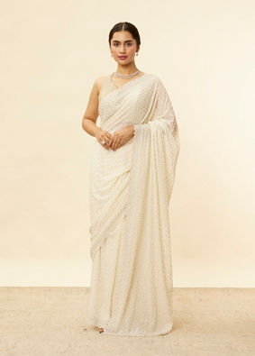 Mohey Women Ivory White Lattice Patterned Stone Work Saree