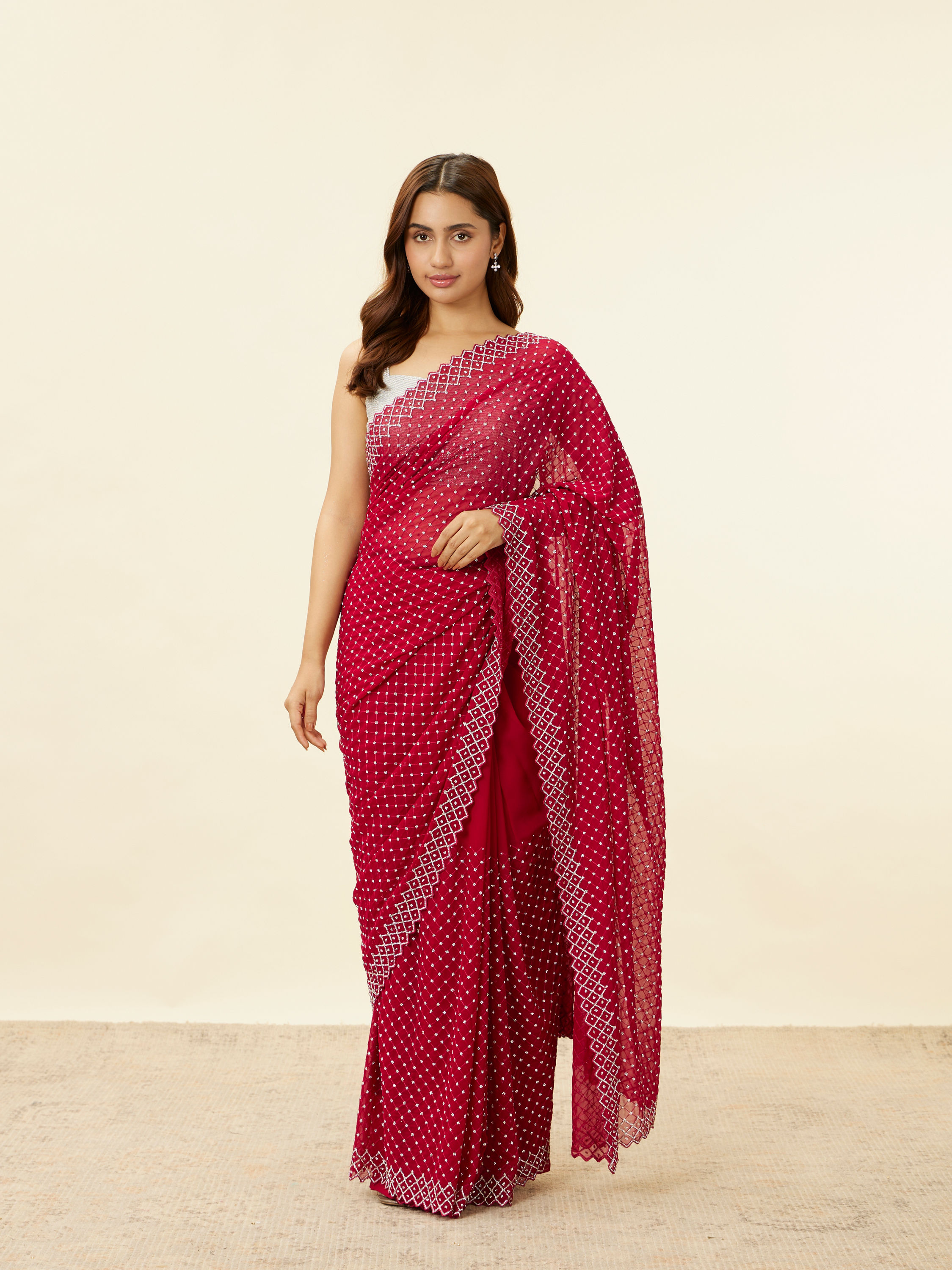 Mohey Women Berry Red Stone Work Saree