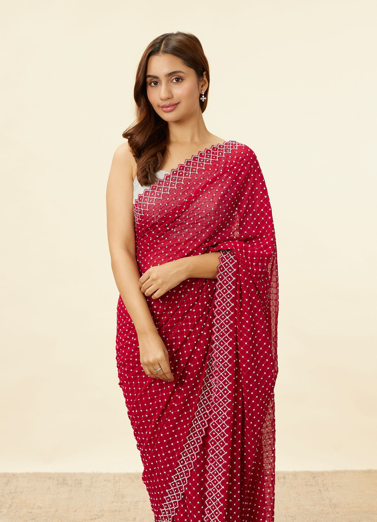 Mohey Women Berry Red Stone Work Saree