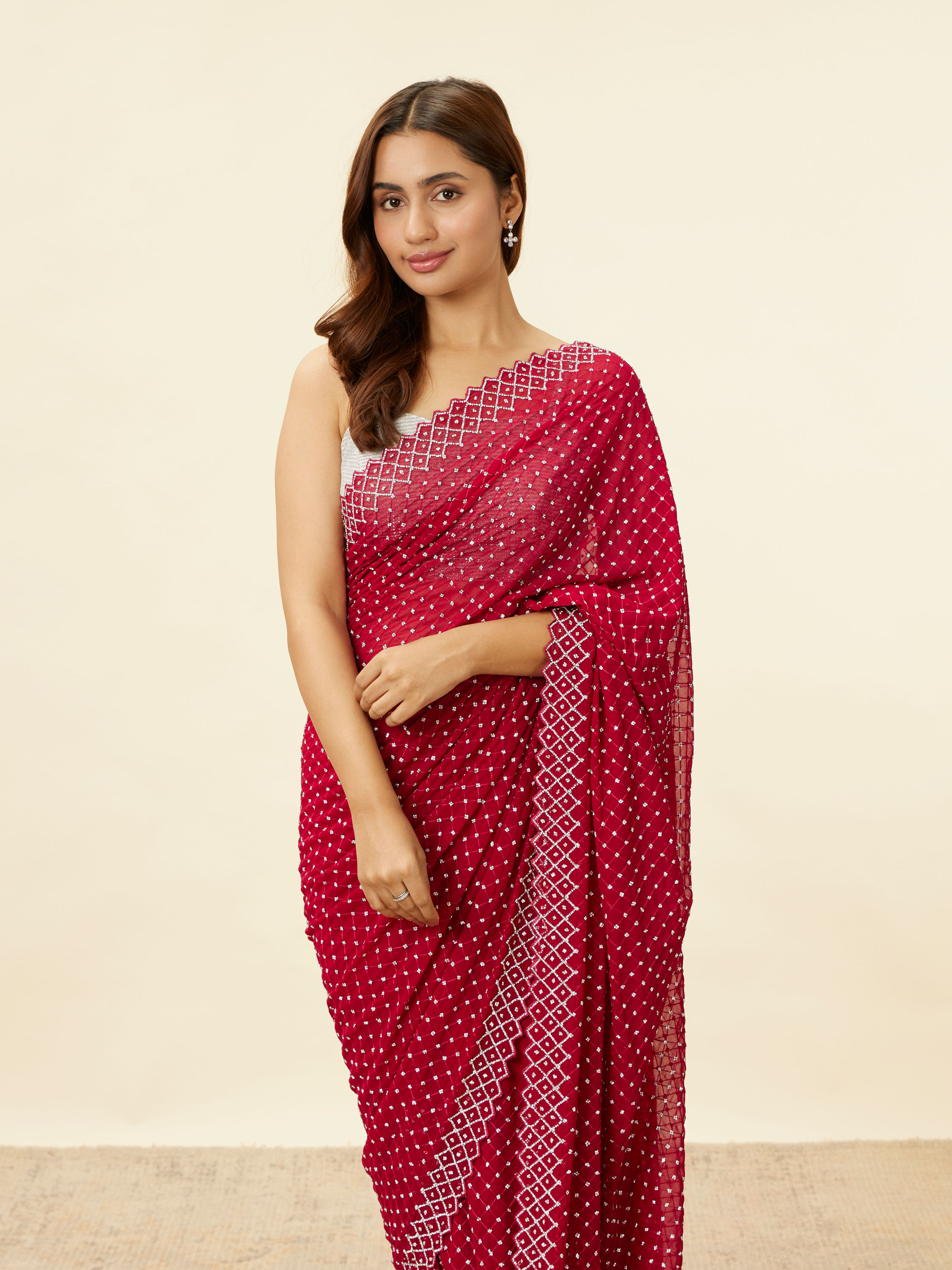 Mohey Women Berry Red Stone Work Saree