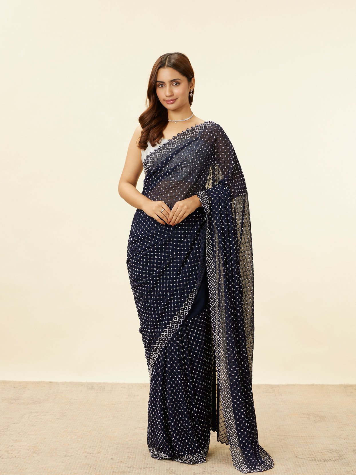 alt message - Mohey Women Midnight Blue Stone Work Saree image number 0