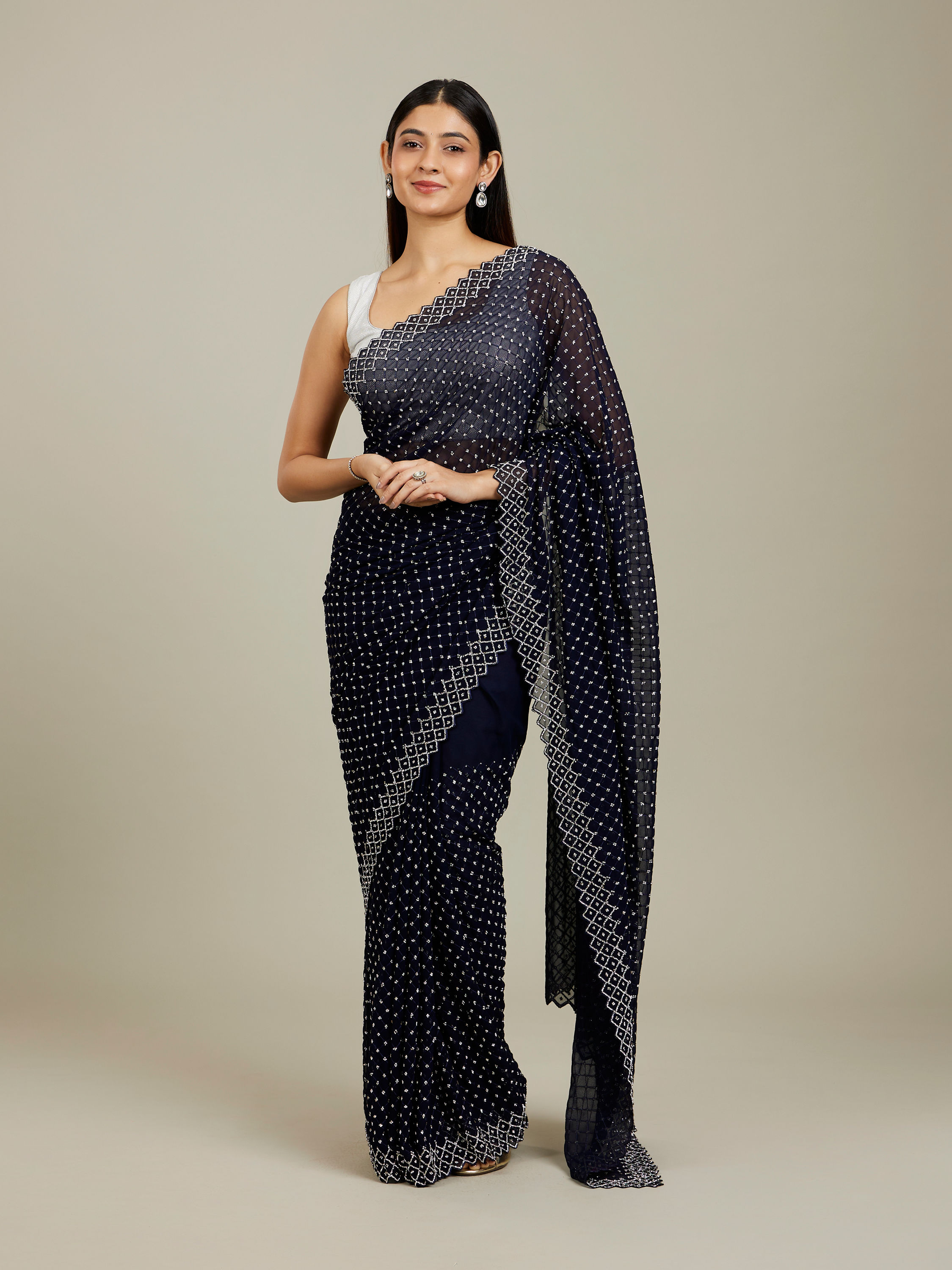 Mohey Women Midnight Blue Stone Work Saree