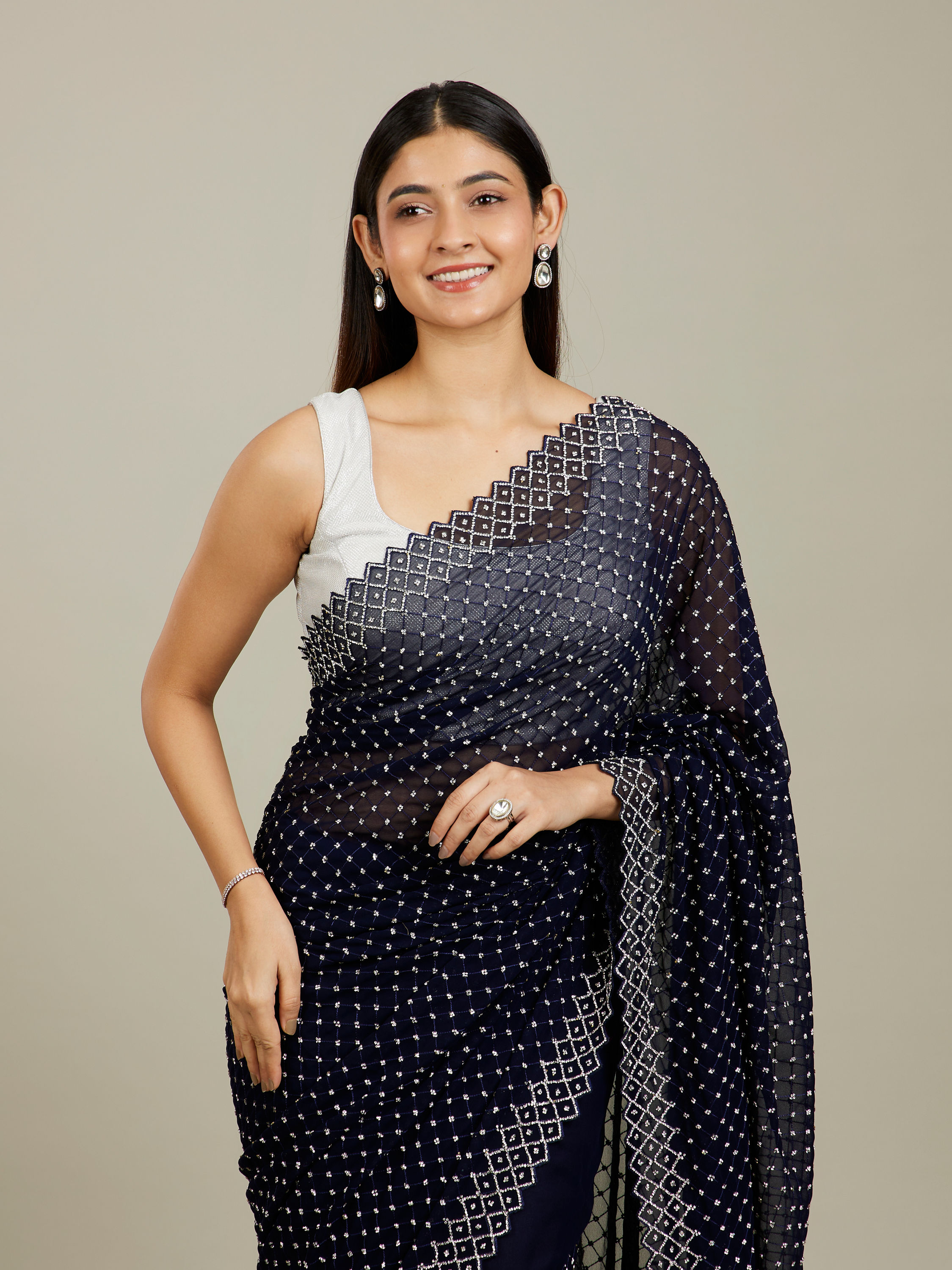 Mohey Women Midnight Blue Stone Work Saree