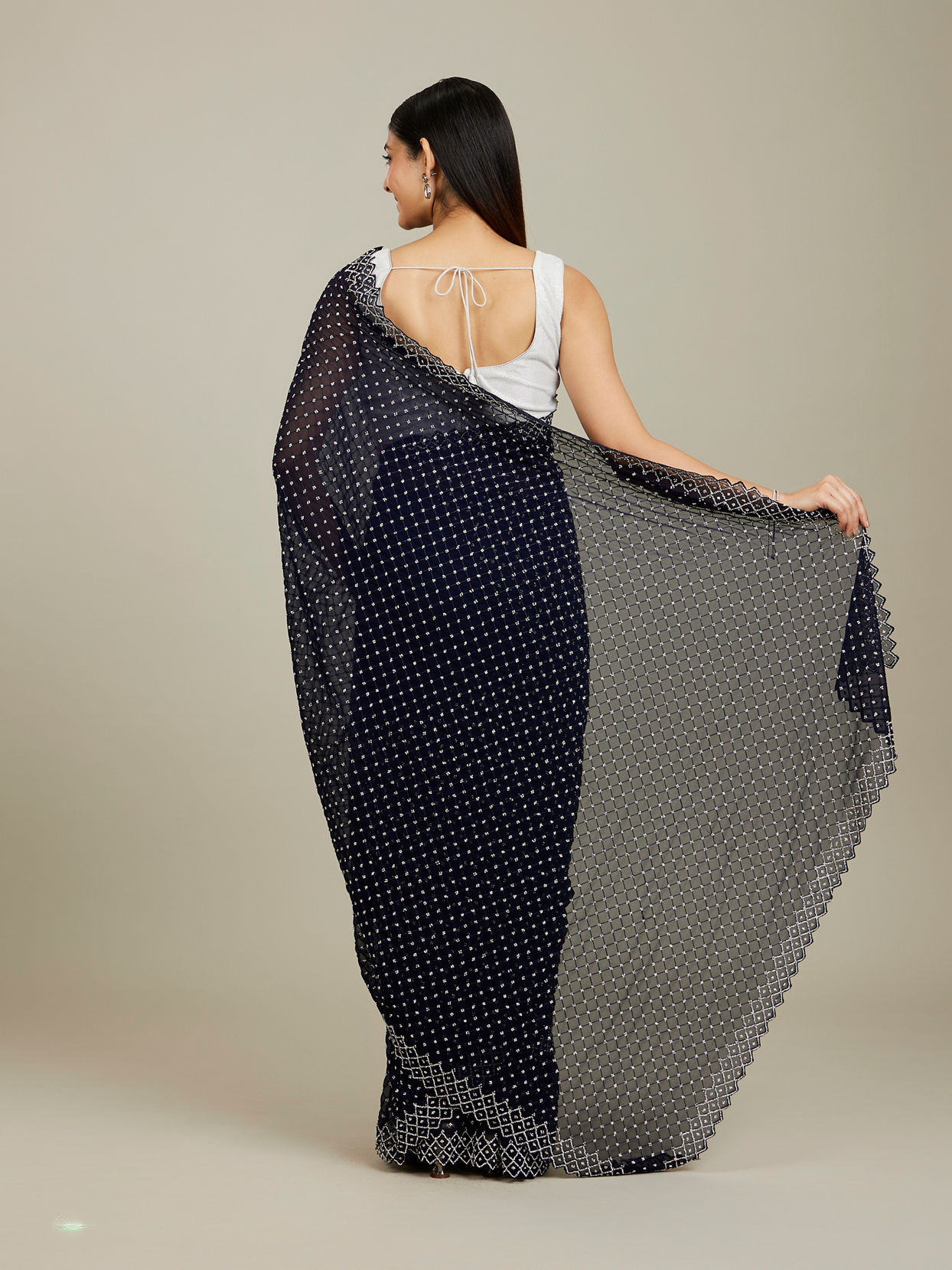 Mohey Women Midnight Blue Stone Work Saree