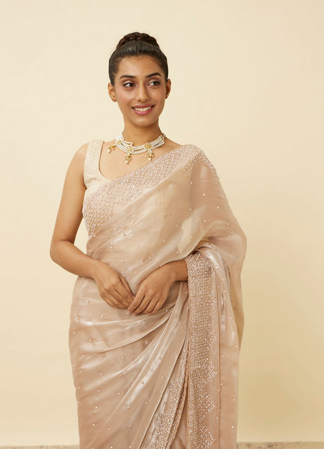 Beige Saree with Mirror Work image number 1