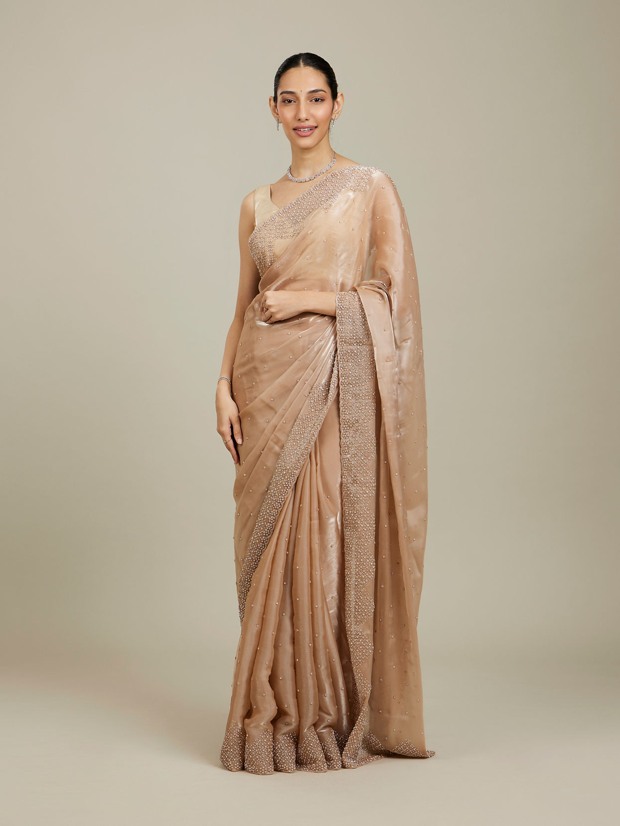Mohey Women Beige Saree with Mirror Work