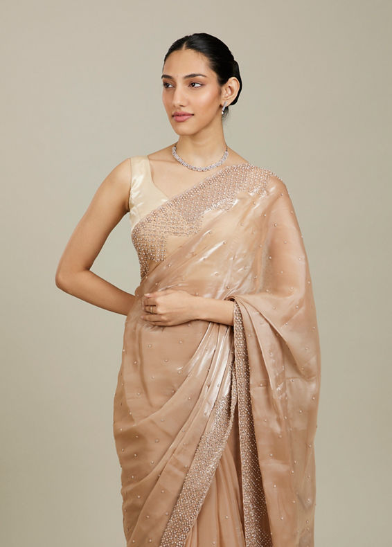 Mohey Women Beige Saree with Mirror Work