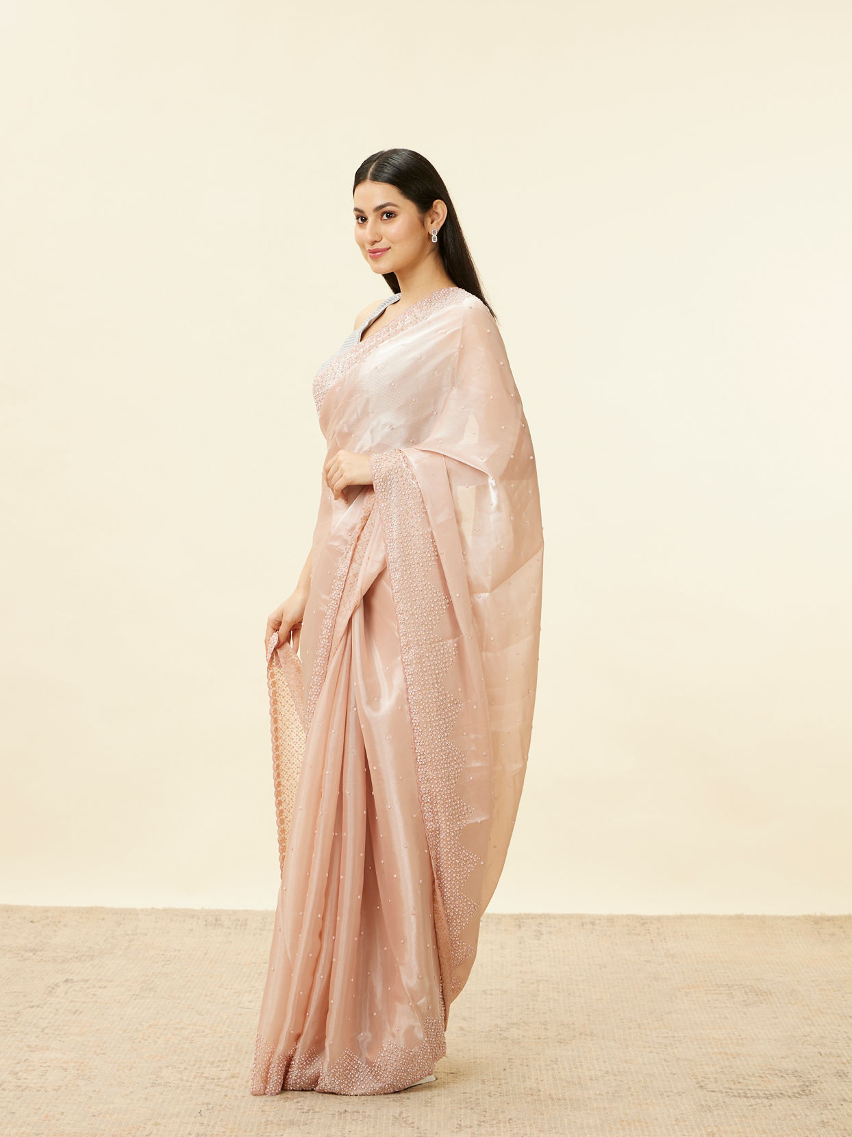 Mohey Women Rose Pink Stone Work Saree image number 3