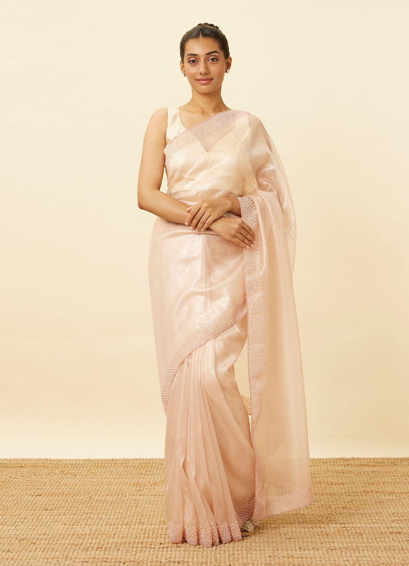 Mohey Women Soft Pink Saree Bordered with Stone Work