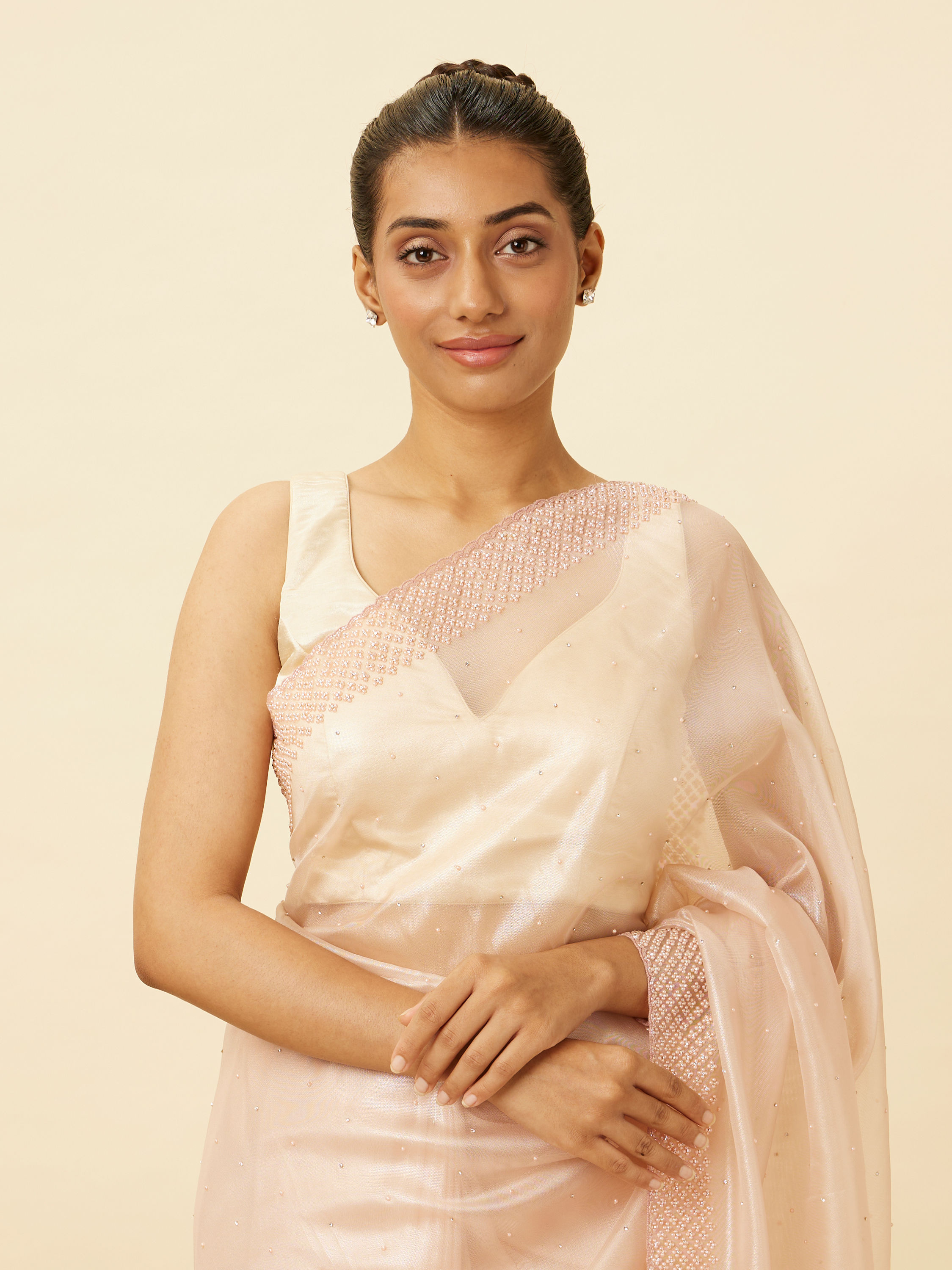 Mohey Women Soft Pink Saree Bordered with Stone Work