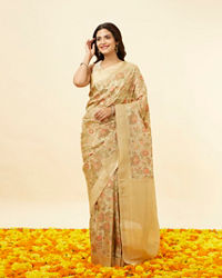 Mohey Women Dark Cream Botanical Print Zari Bordered Saree