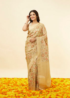 alt message - Mohey Women Dark Cream Botanical Print Zari Bordered Saree image number 0