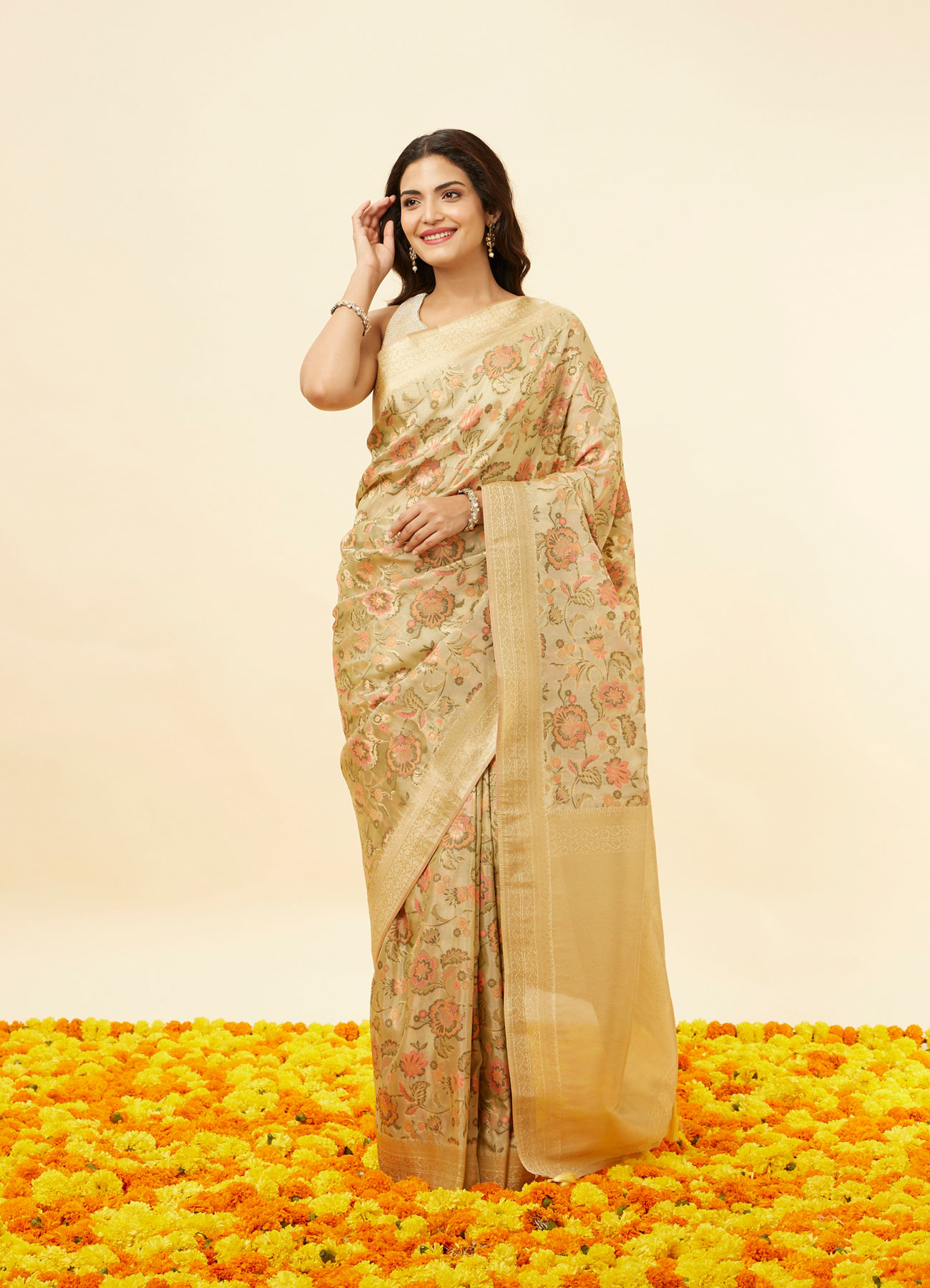 Mohey Women Dark Cream Botanical Print Zari Bordered Saree