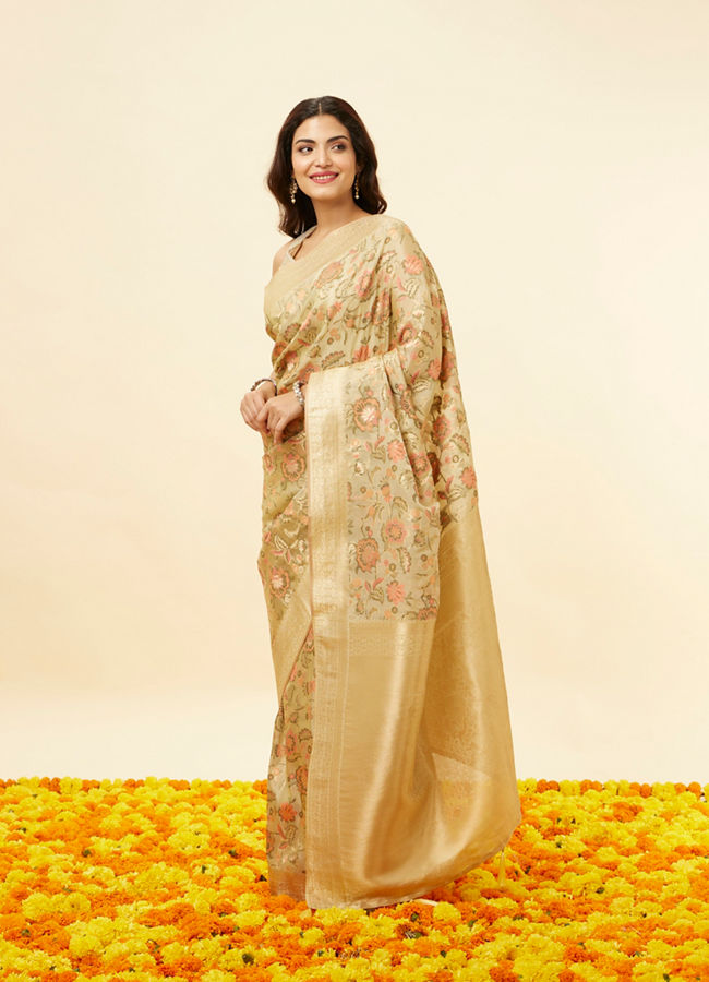 Mohey Women Dark Cream Botanical Print Zari Bordered Saree