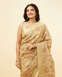 Mohey Women Dark Cream Botanical Print Zari Bordered Saree