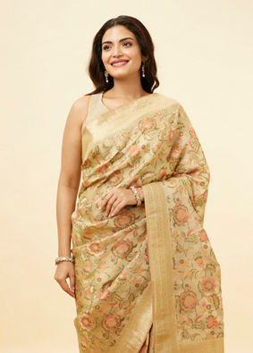 alt message - Mohey Women Dark Cream Botanical Print Zari Bordered Saree image number 1