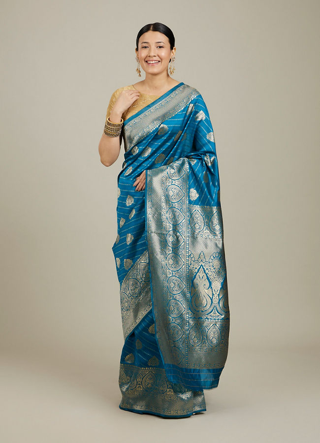 Mohey Women True Blue Paisley Bordered Saree image number 0