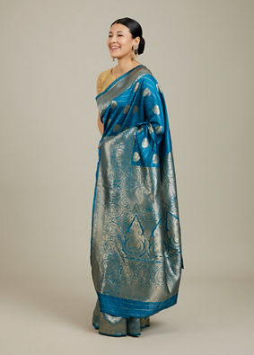 Mohey Women True Blue Paisley Bordered Saree image number 2