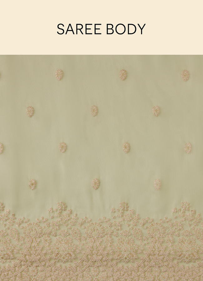 Mohey Women Pistachio Green Saree with Floral Vine Patterned Borders