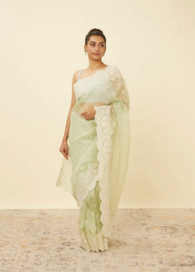 Mohey Women Pistachio Green Saree with Floral Vine Patterned Borders