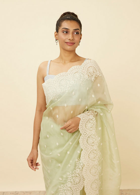 Mohey Women Pistachio Green Saree with Floral Vine Patterned Borders