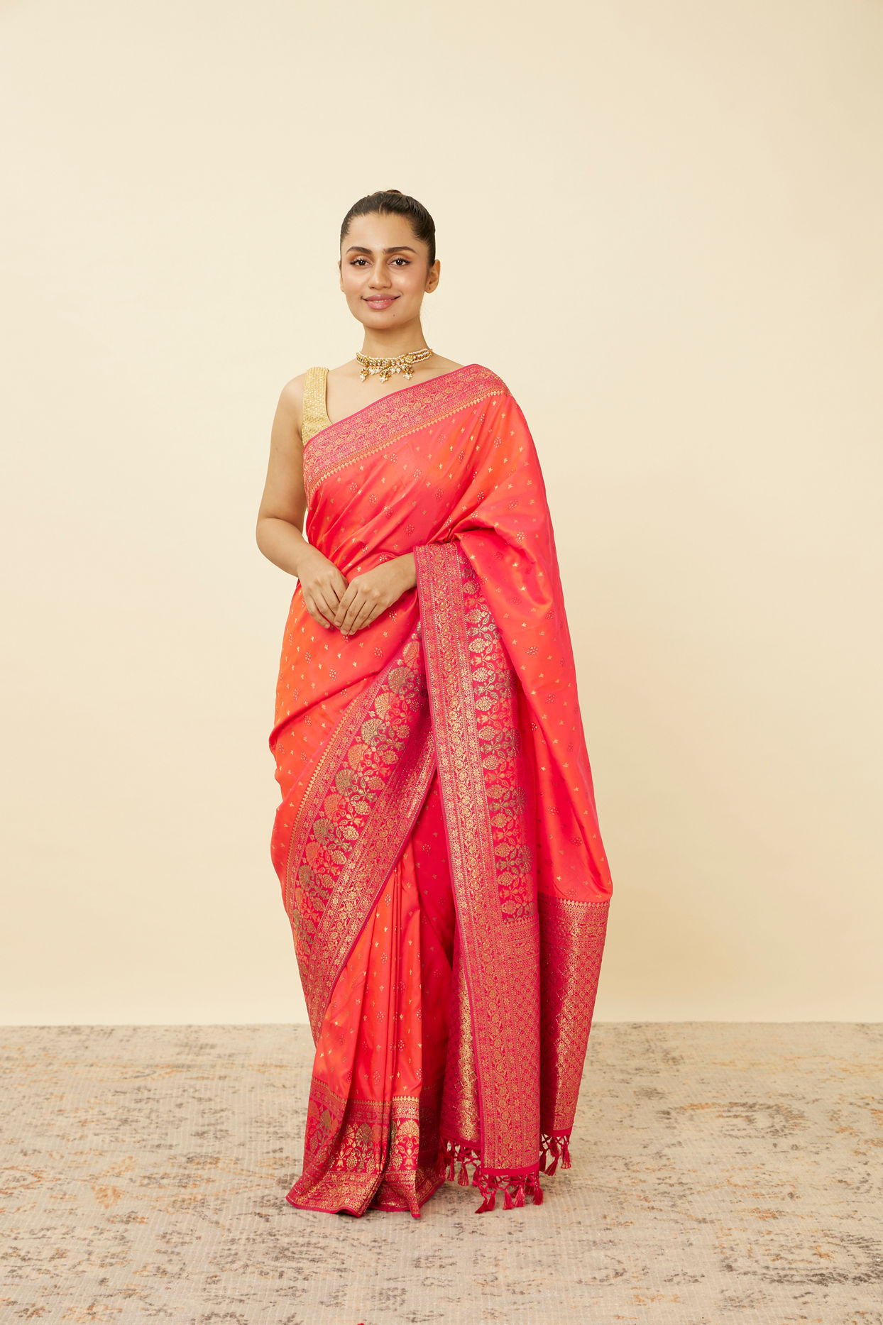 Ruby Pink Saree with Floral Patterns image number 0