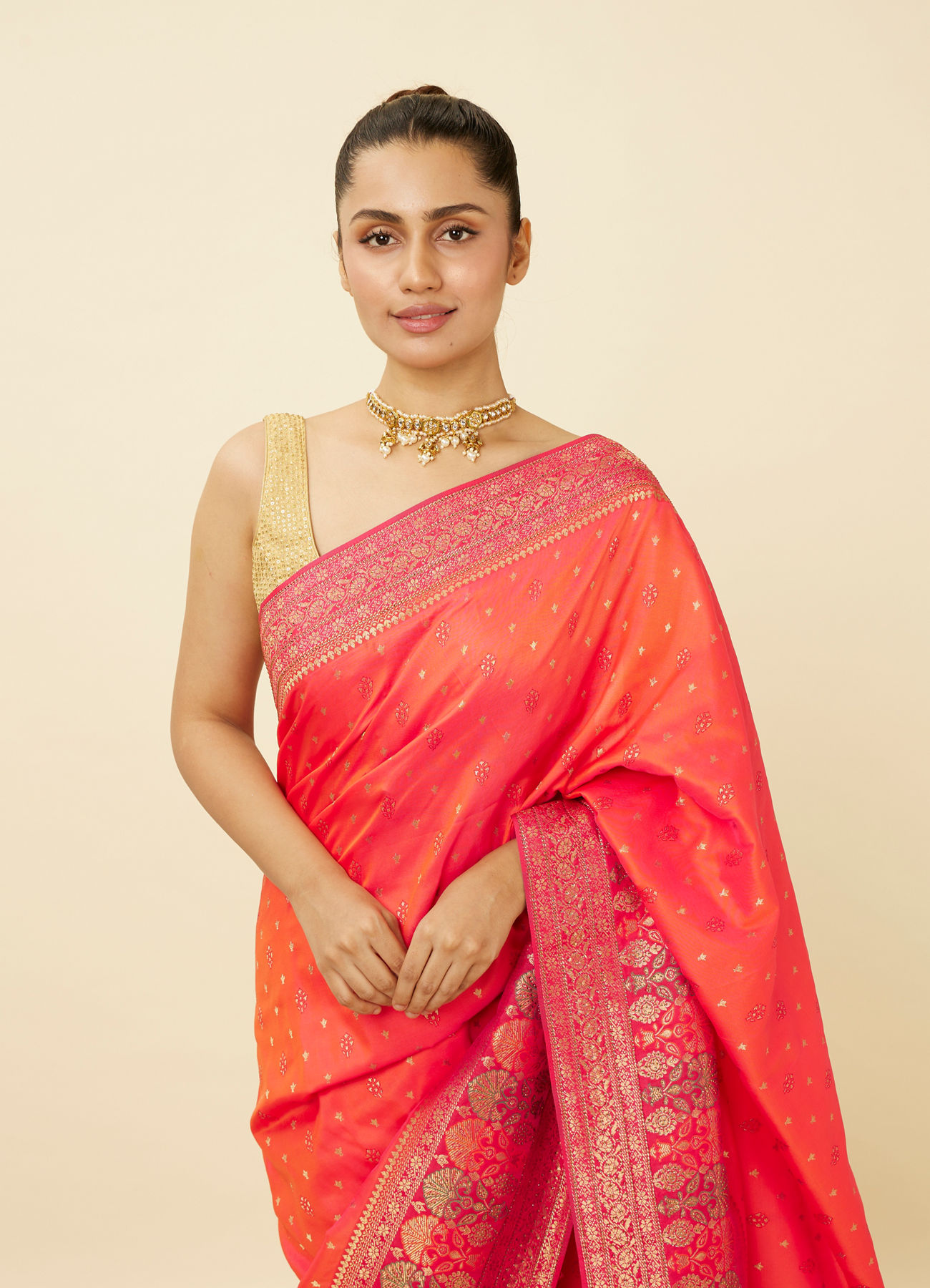 Mohey Women Ruby Pink Saree with Floral Patterns