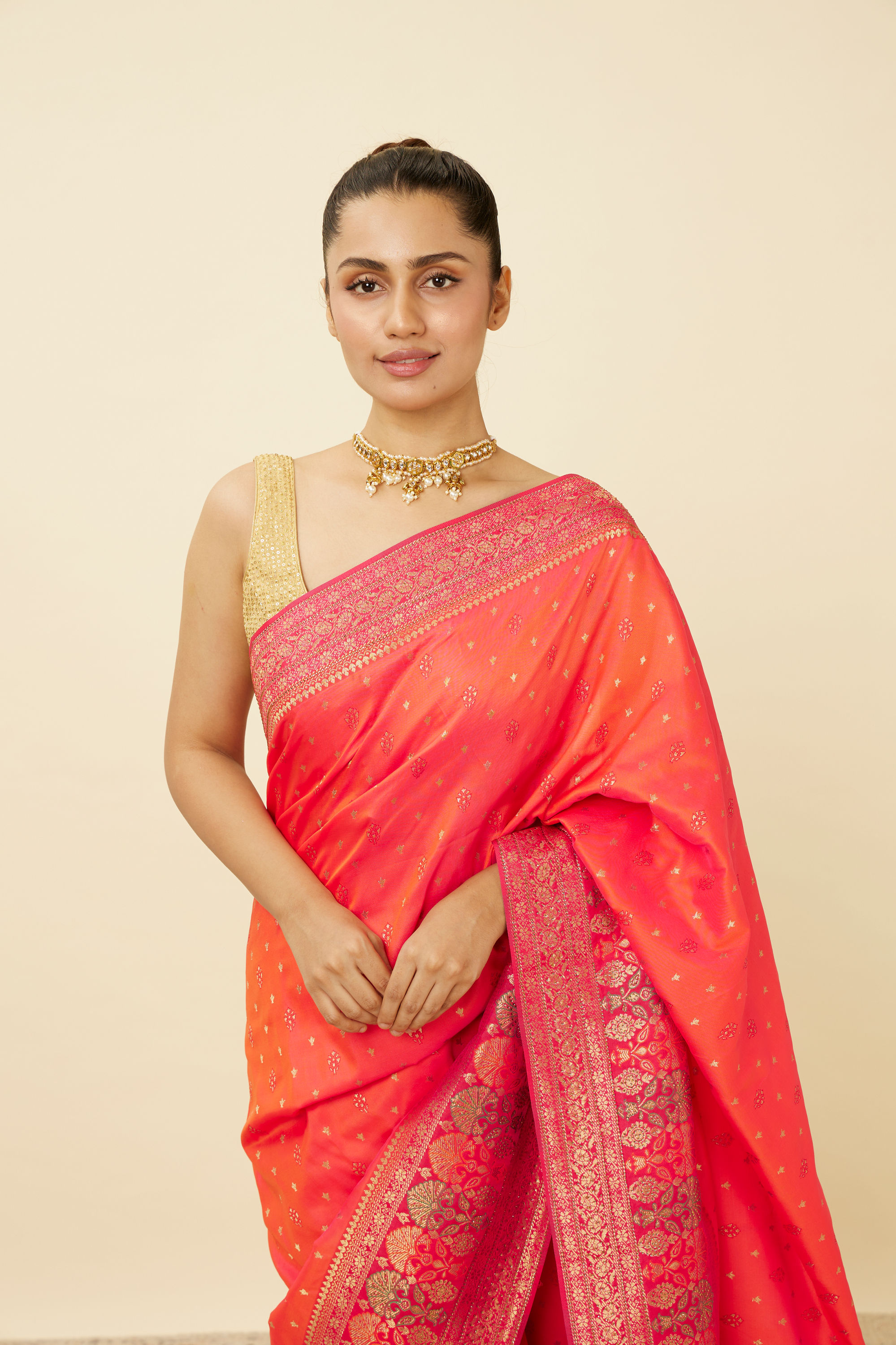 Mohey Women Ruby Pink Saree with Floral Patterns