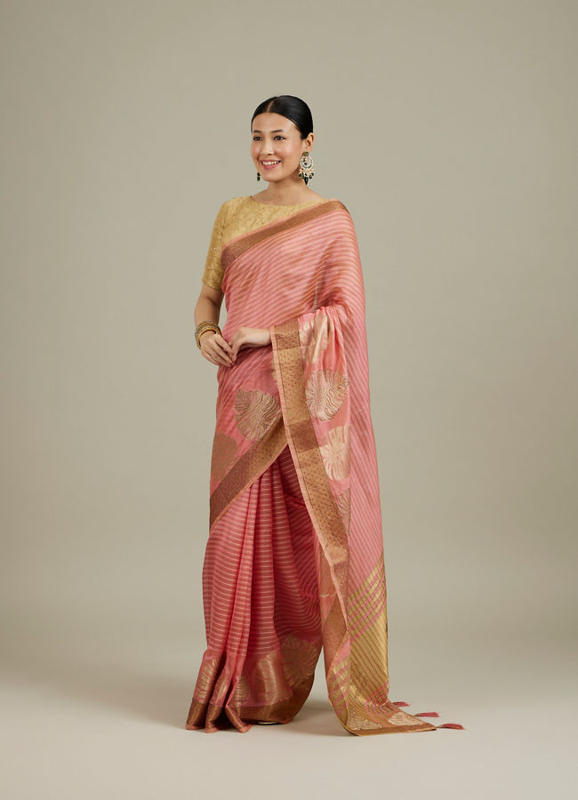 Buy Rose Pink Diagonal Thread Work Saree with Leaf Motifs And ...