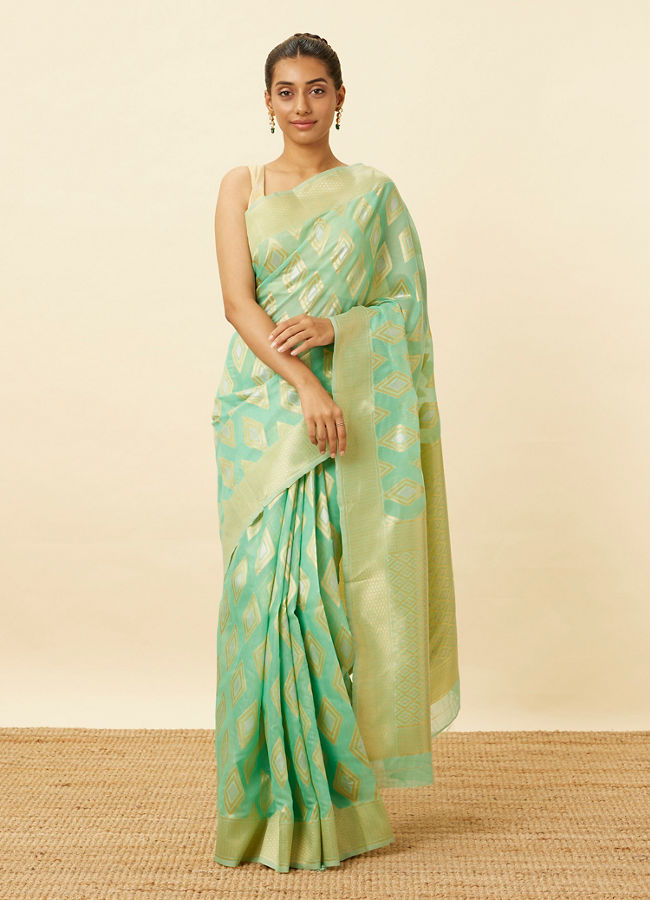 Mohey Women Mint Green Saree with Diamond Patterns