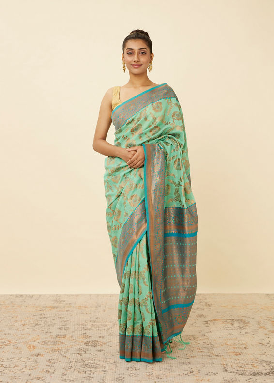 Mohey Women Turquoise Blue Bel Buti Patterned Saree