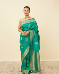 Mohey Women Turquoise Green Saree with Peacock Patterns