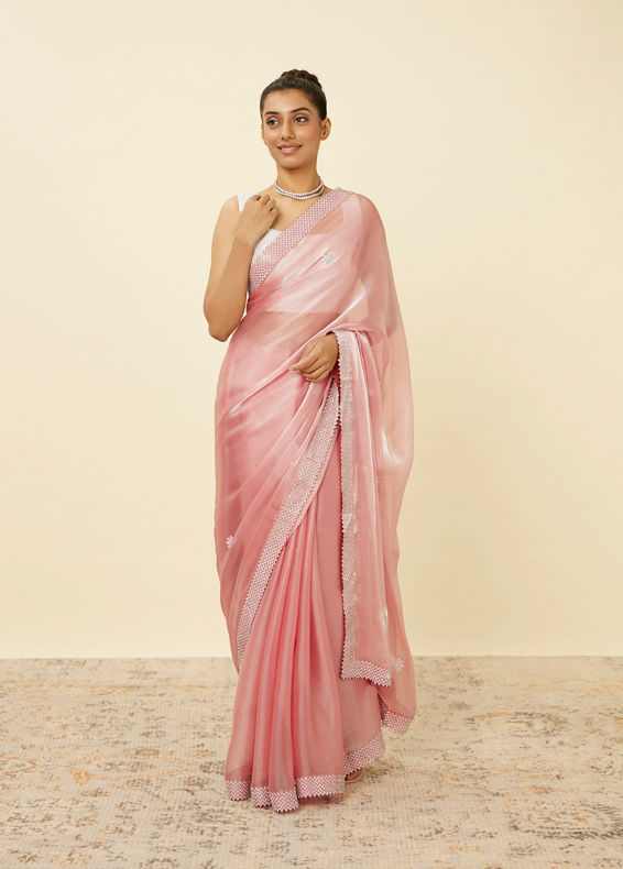 Mohey Women Quartz Pink Chiffon Saree with Chevron Patterned Borders