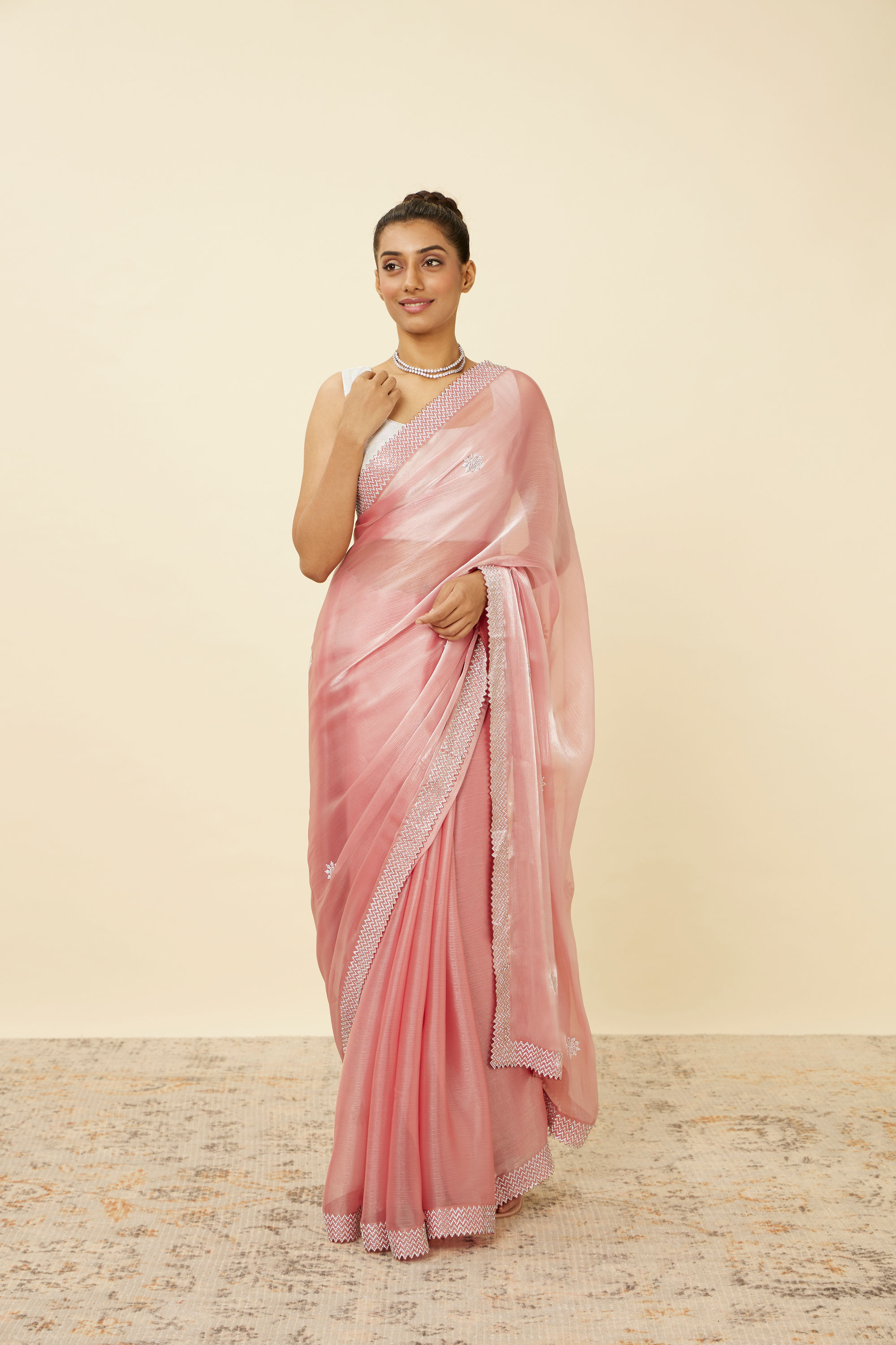 Mohey Women Quartz Pink Chiffon Saree with Chevron Patterned Borders