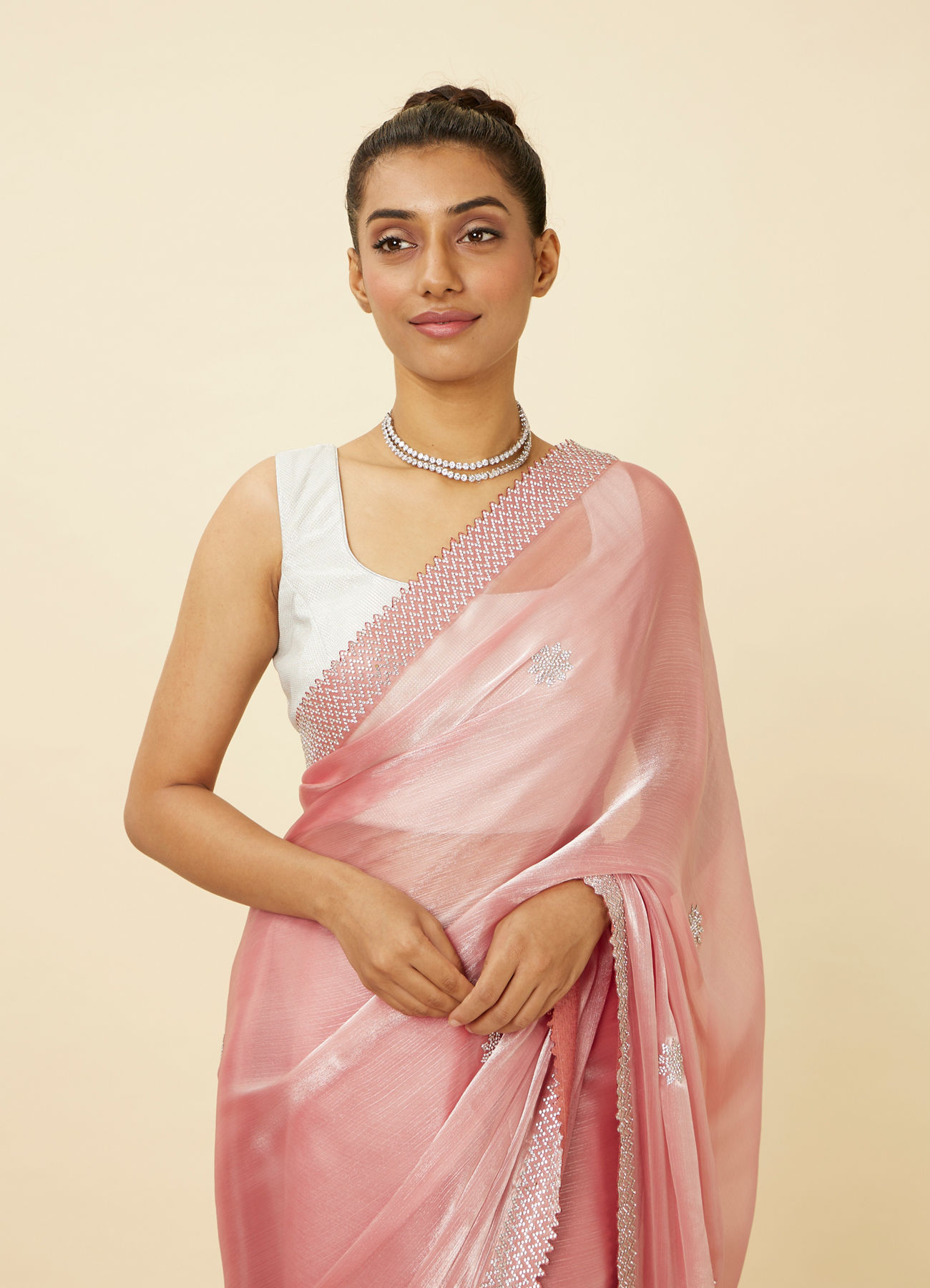 Mohey Women Quartz Pink Chiffon Saree with Chevron Patterned Borders