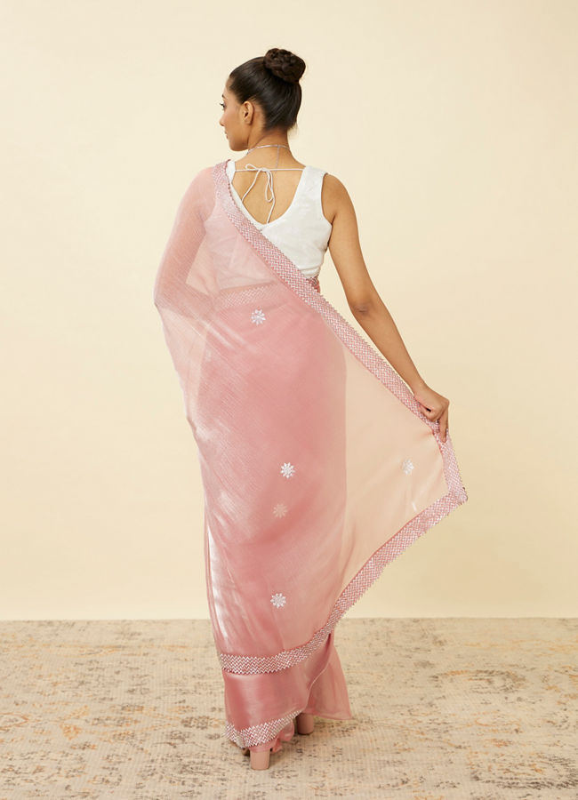 Mohey Women Quartz Pink Chiffon Saree with Chevron Patterned Borders