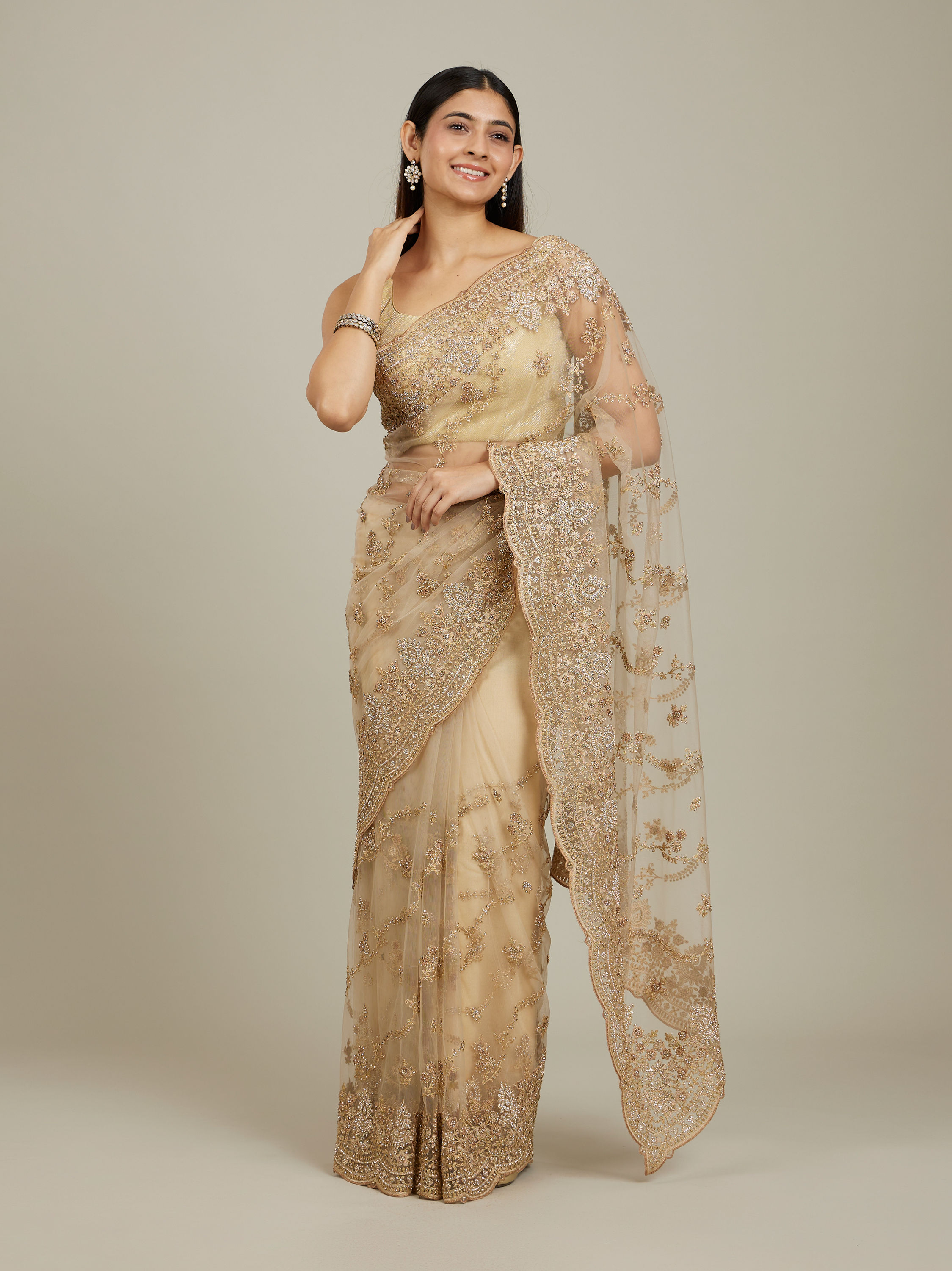 Mohey Women Warm Beige Bel Buti Patterned Stone Work Saree