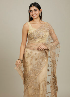 Mohey Women Warm Beige Bel Buti Patterned Stone Work Saree image number 1