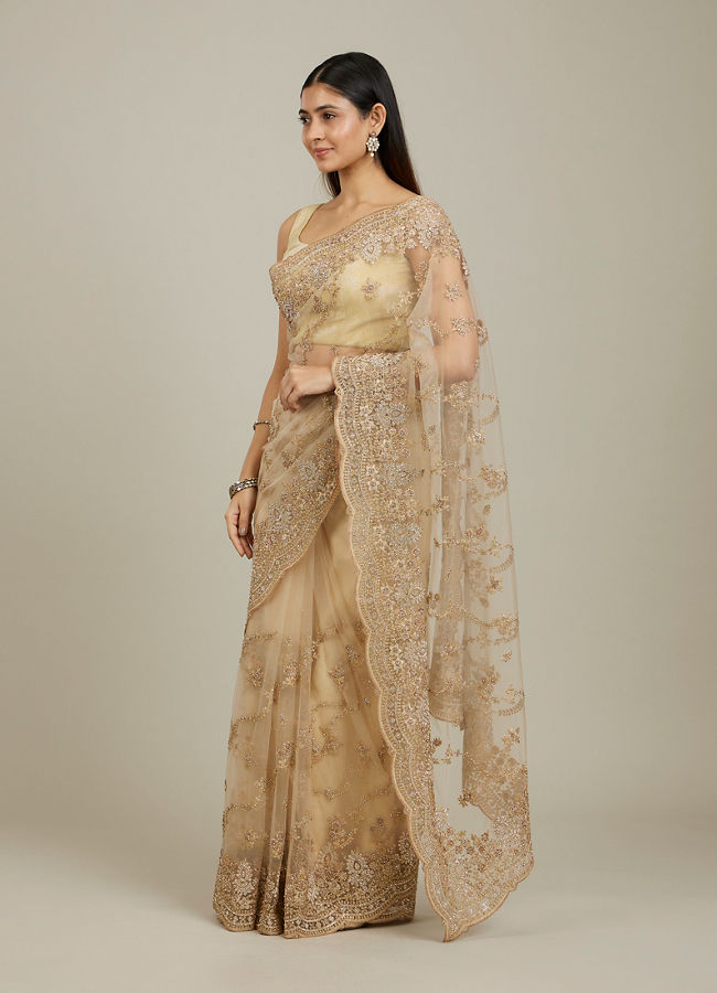 Mohey Women Warm Beige Bel Buti Patterned Stone Work Saree