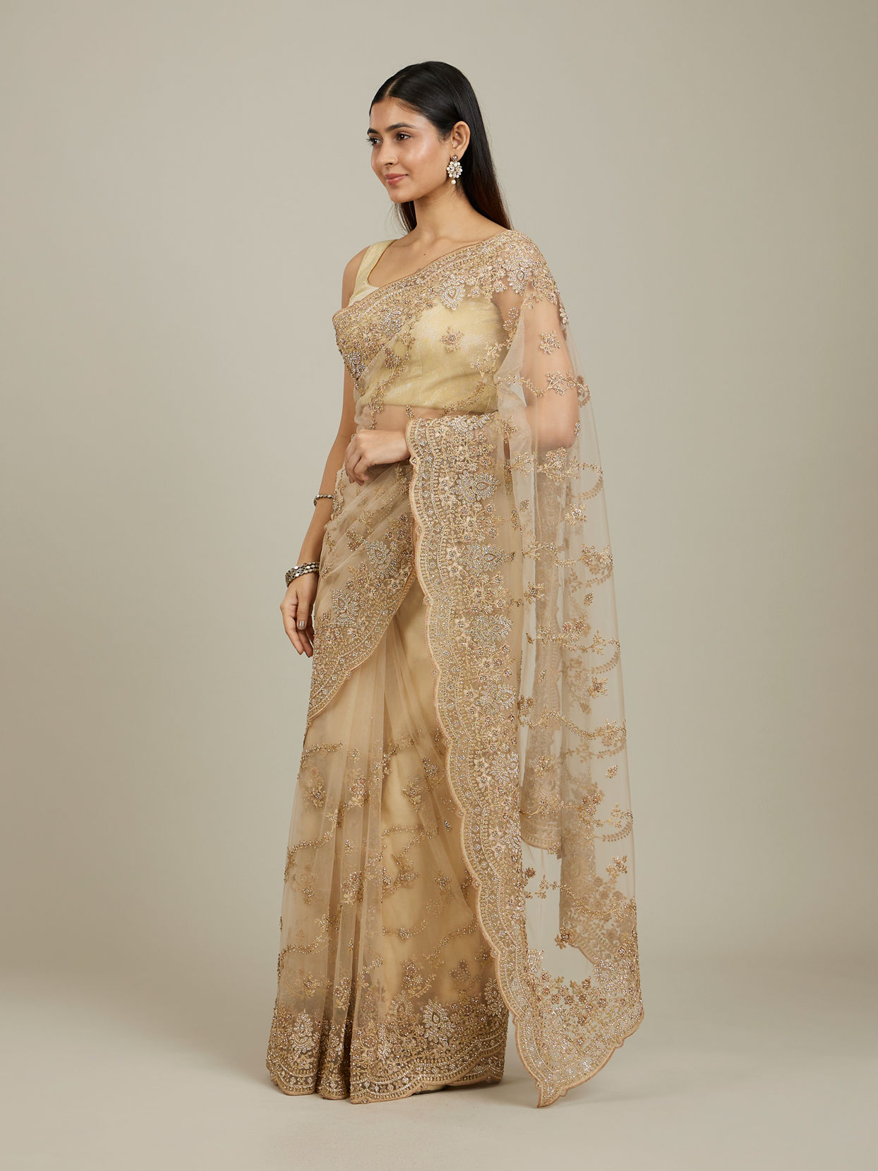 Mohey Women Warm Beige Bel Buti Patterned Stone Work Saree