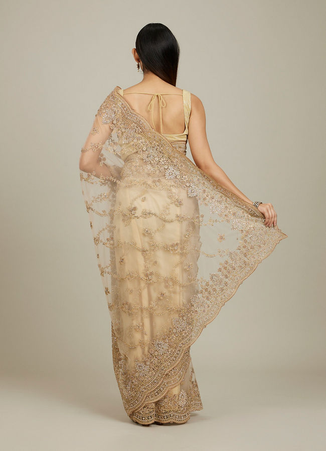 Mohey Women Warm Beige Bel Buti Patterned Stone Work Saree