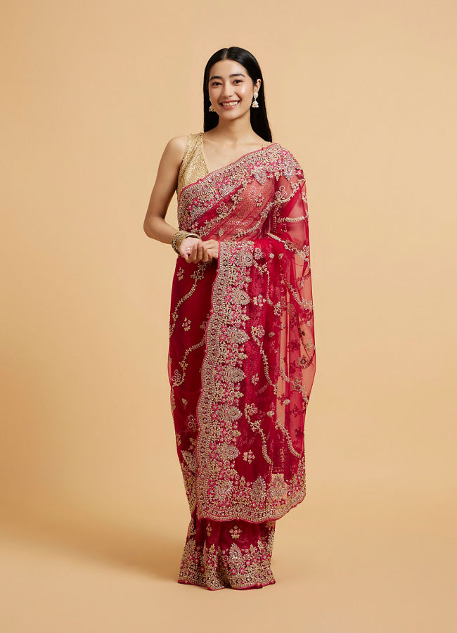 alt message - Mohey Women Rani Red Floral Bel Embroidered Saree with Scallop Borders & Stone Studded Buta Embroidery image number 0